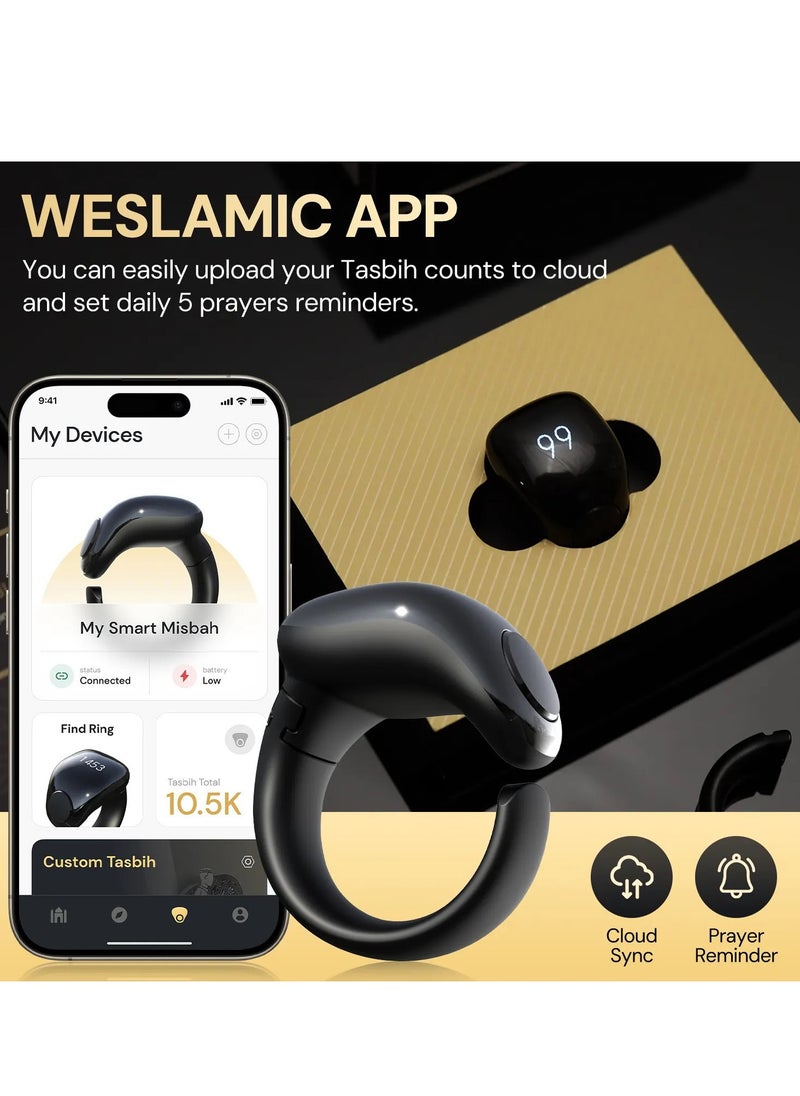 Smart Tasbih Counter Zikr Ring – Digital Tasbeeh Counter with OLED Display, App Support, Magnetic Charging, Waterproof Design, Prayer Reminder, Sleek Black – Modern Islamic Gadget for Daily Zikr & Prayer Tracking (20mm & 22mm)