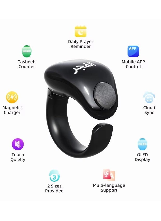 Smart Tasbih Counter Zikr Ring – Digital Tasbeeh Counter with OLED Display, App Support, Magnetic Charging, Waterproof Design, Prayer Reminder, Sleek Black – Modern Islamic Gadget for Daily Zikr & Prayer Tracking (20mm & 22mm)