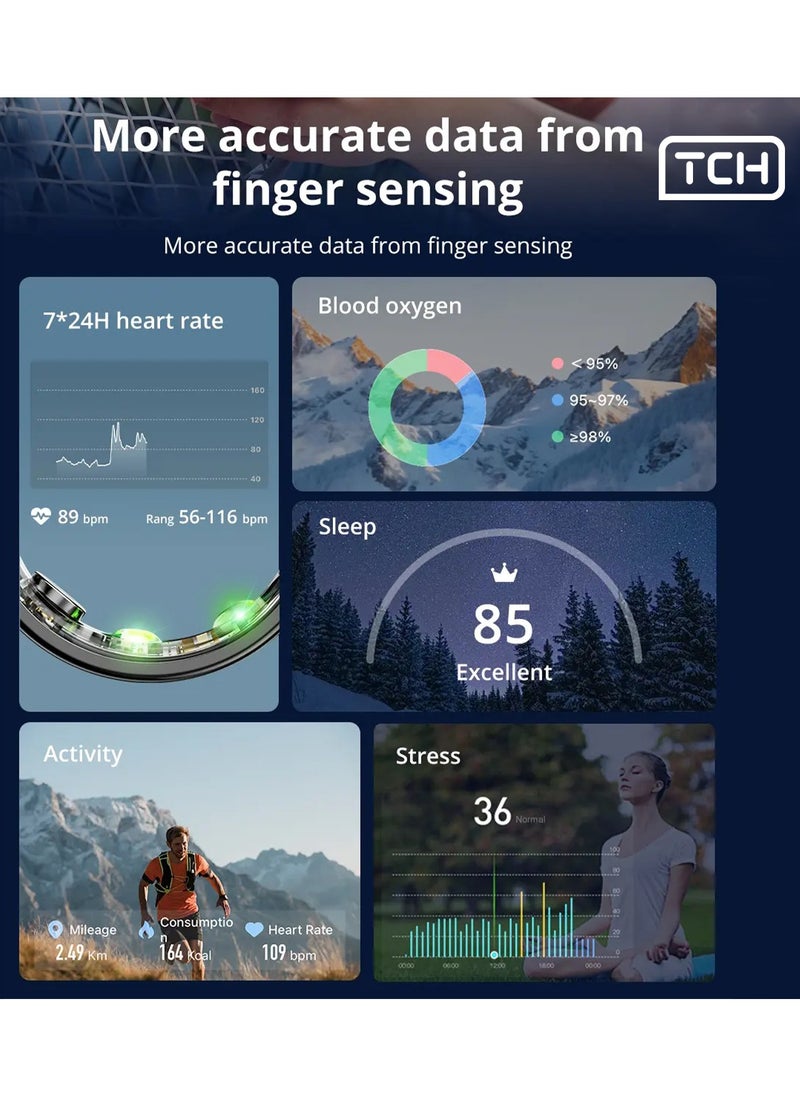 TCH Smart Ring R10 - Health & Fitness Tracker for Men and Women, Sleep Monitoring, Heart Rate &  Oxygen, Pressure, Stress Tracking, Waterproof, 7 Days Battery Life Family Care Android+IOS