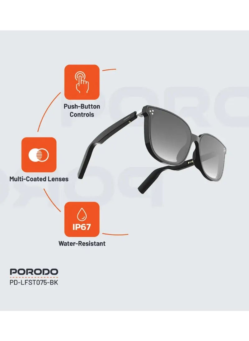 Lifestyle Polarized Sunglasses with Speaker, 160 Hours Standby Time, 2 Hours Charging Time, Bluetooth Version 5.3, Push-Button Controls, Multi-Coated Lens - Black