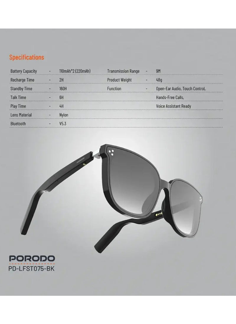 Lifestyle Polarized Sunglasses with Speaker, 160 Hours Standby Time, 2 Hours Charging Time, Bluetooth Version 5.3, Push-Button Controls, Multi-Coated Lens - Black