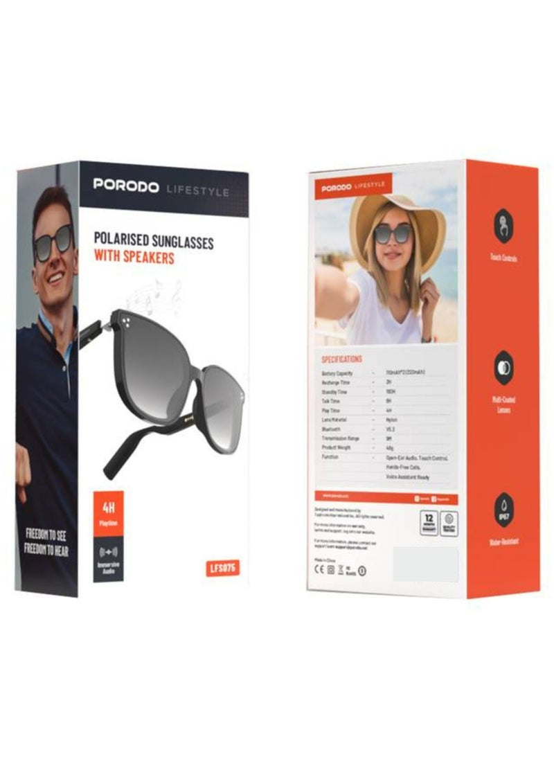 Lifestyle Polarized Sunglasses with Speaker, 160 Hours Standby Time, 2 Hours Charging Time, Bluetooth Version 5.3, Push-Button Controls, Multi-Coated Lens - Black