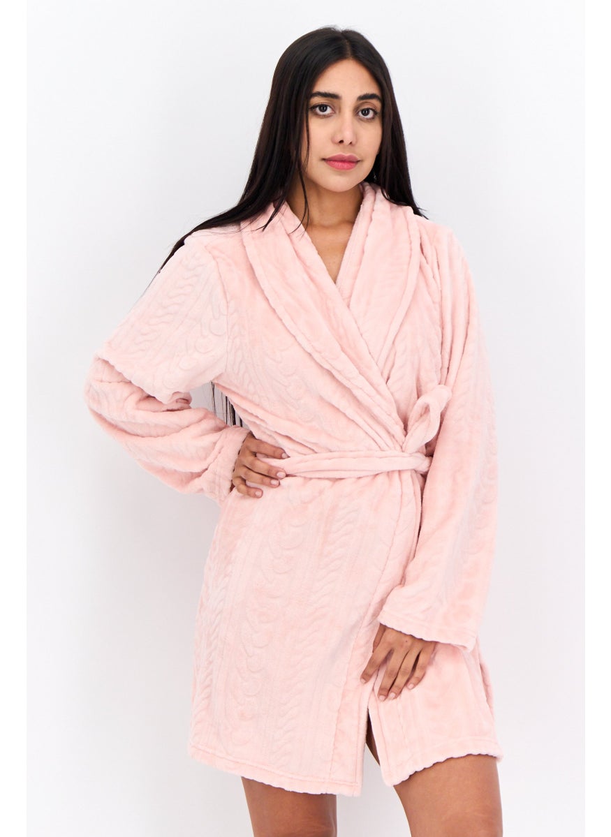 Women Textured Belted Robe, Pink