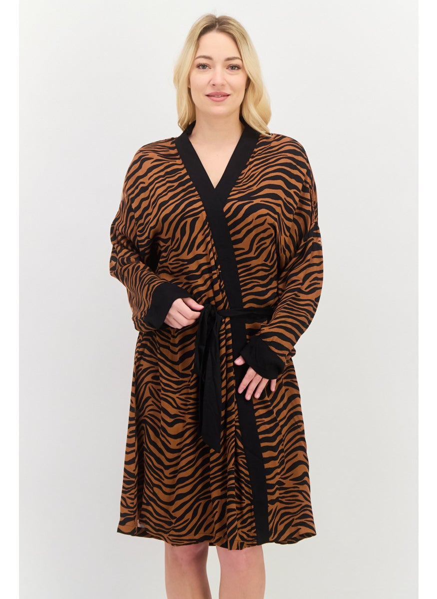 Women Belted Tiger Pattern Night Robe, Brown