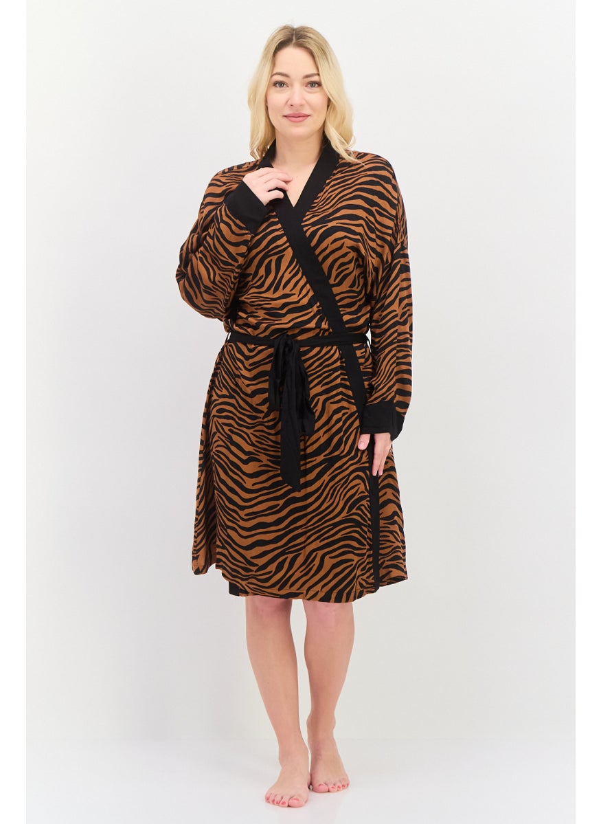 Women Belted Tiger Pattern Night Robe, Brown