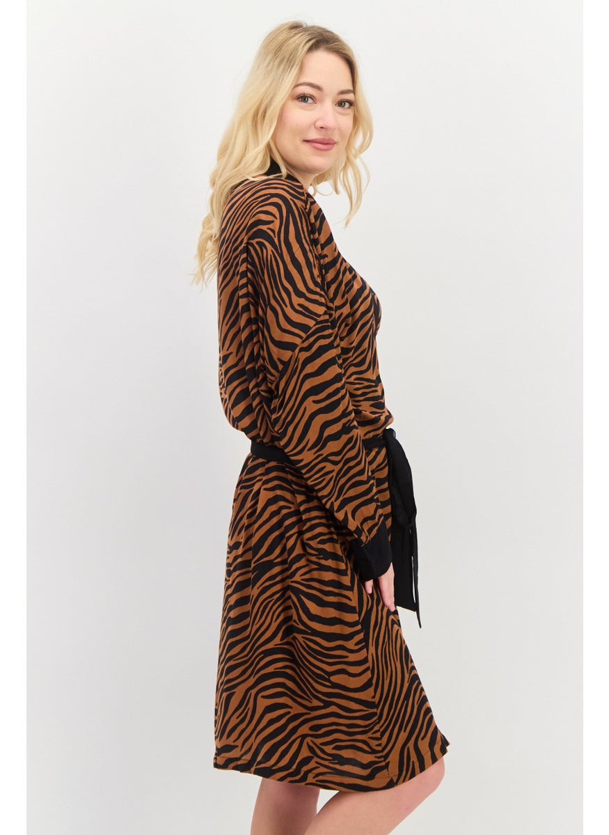 Women Belted Tiger Pattern Night Robe, Brown