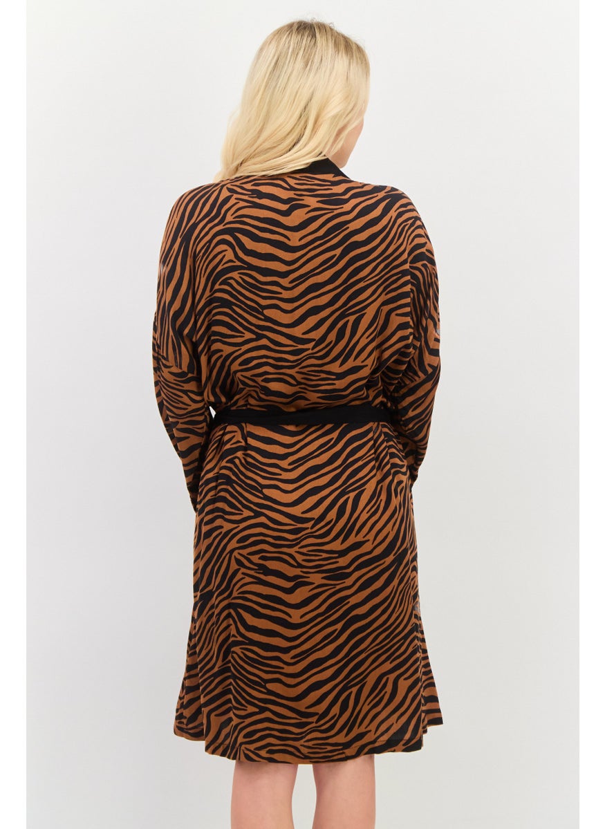 Women Belted Tiger Pattern Night Robe, Brown