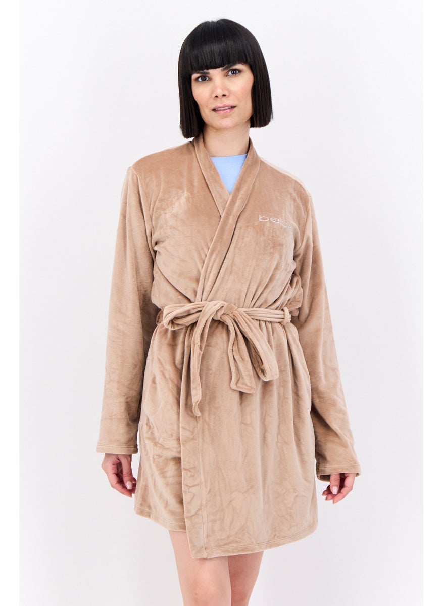 Women Belted Brand Logo Robes, Beige