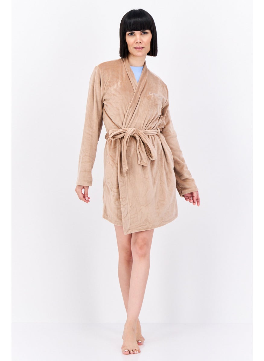 Women Belted Brand Logo Robes, Beige