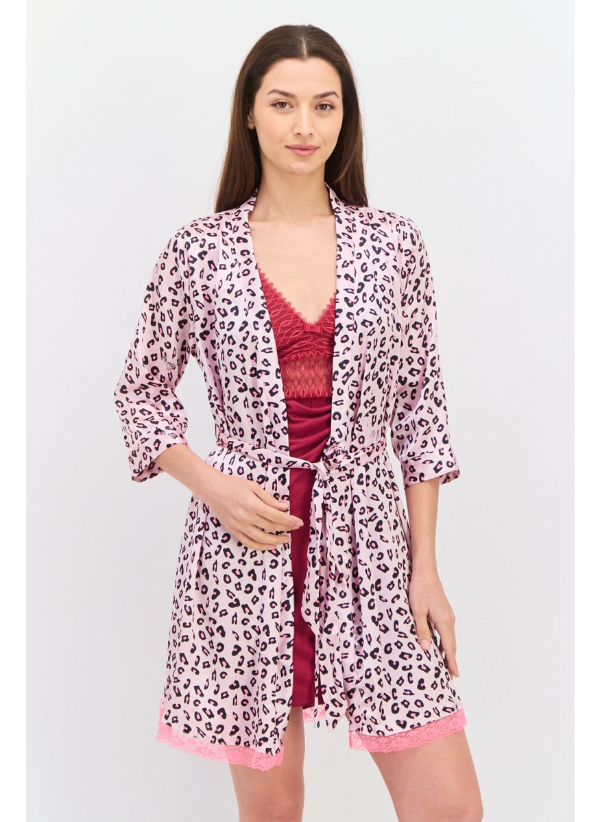 Women Animal Print Belted Tie Robes, Pink Combo