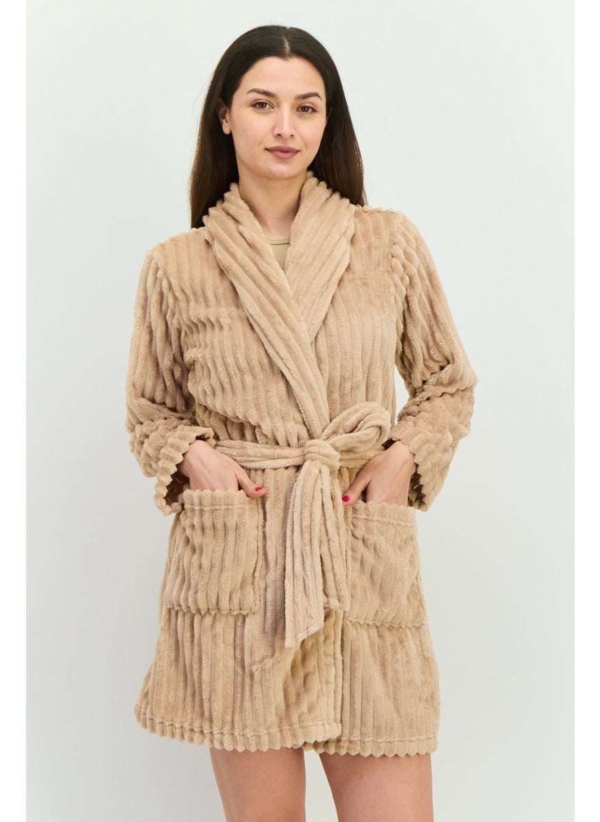 Women Textured Belted Robe, Light Brown