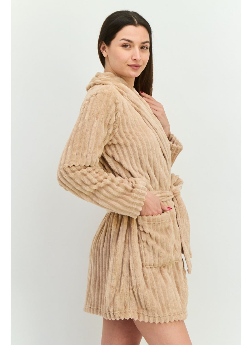 Women Textured Belted Robe, Light Brown