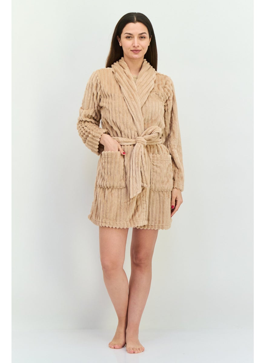 Women Textured Belted Robe, Light Brown