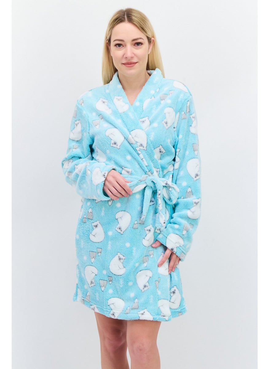 Women All Over Print Tie Belted Robes, Mint Green