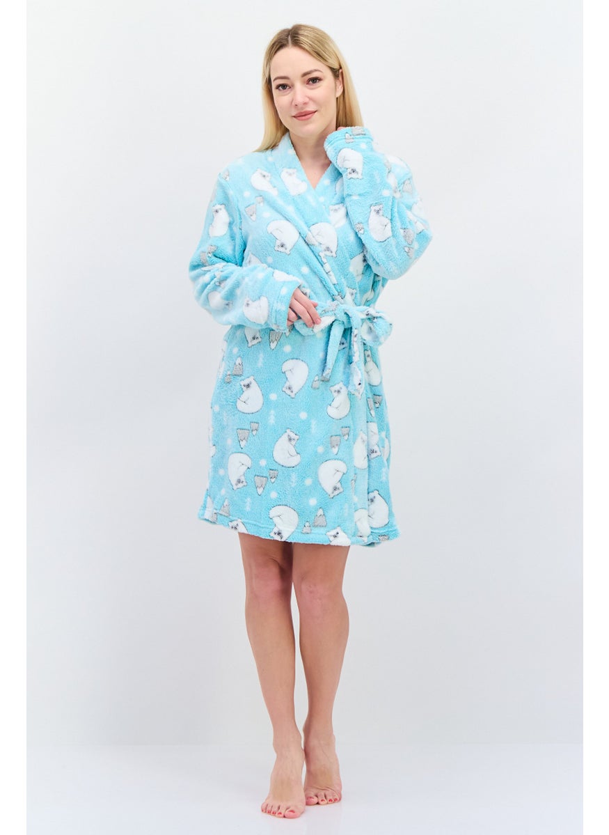 Women All Over Print Tie Belted Robes, Mint Green