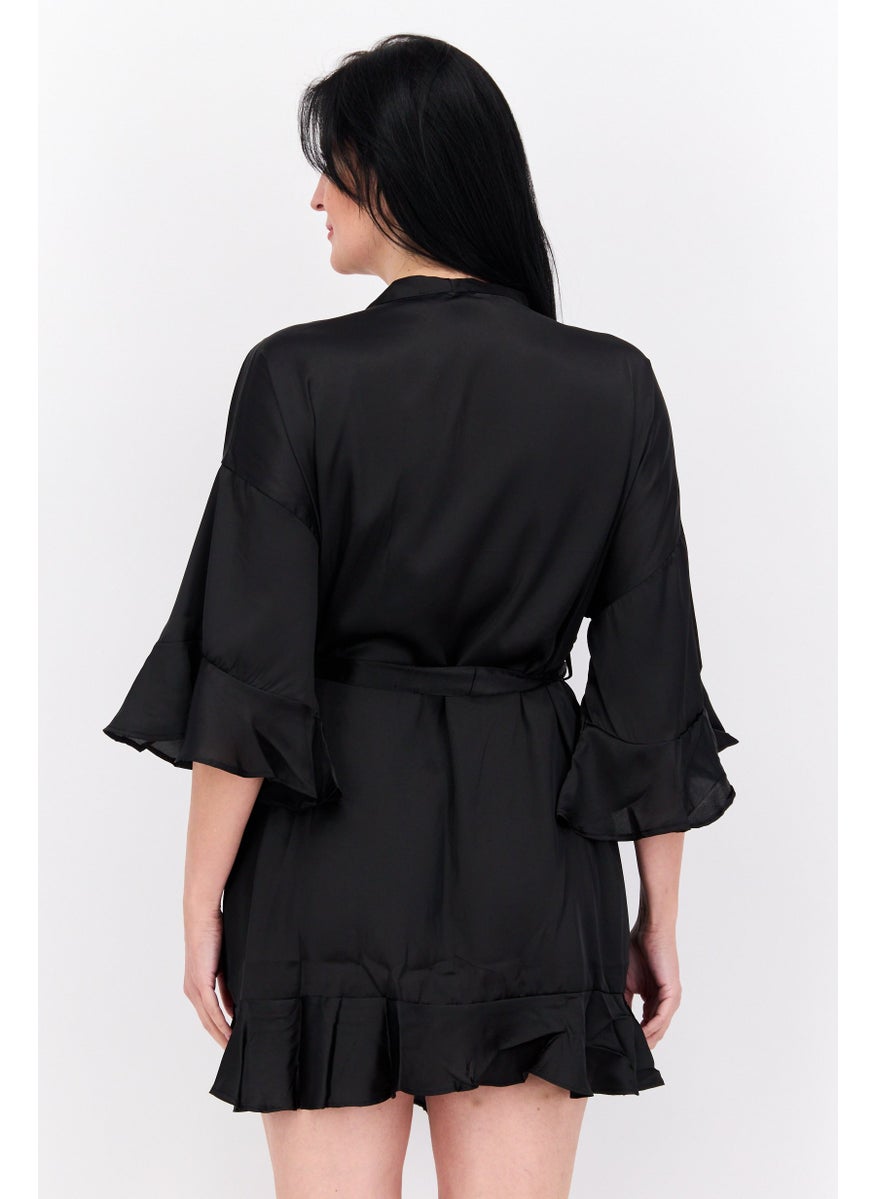 Women Plain Short Sleeves Belted Robe, Black