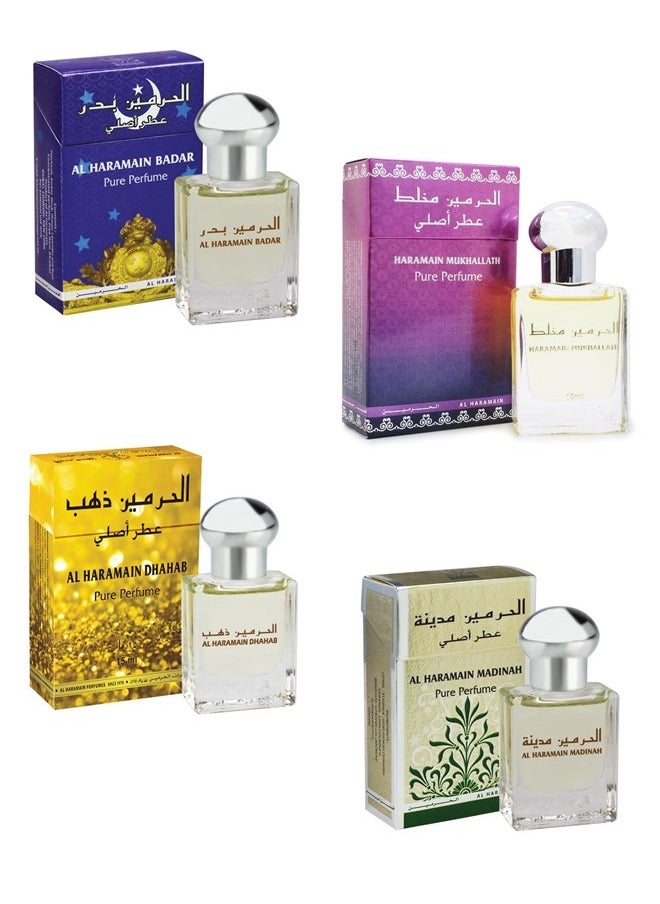 Set of 4 Haramain Pure Perfume Badar Dhahab Mukhallath Madinah 15ML Perfume Oil - Combo - Unisex