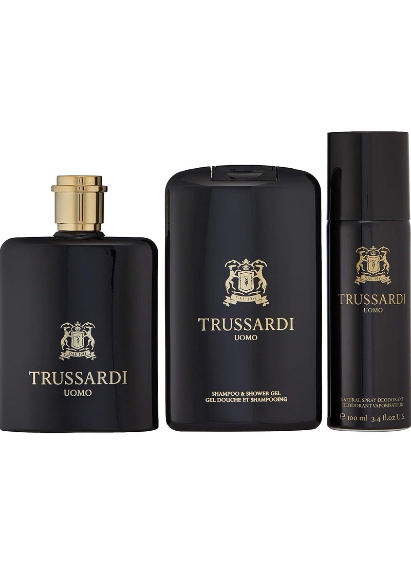 Trussardi Uomo Eau de Toilette, Shampoo - Shower Gel and Deodorant Spray 3-Piece Gift Set for Men