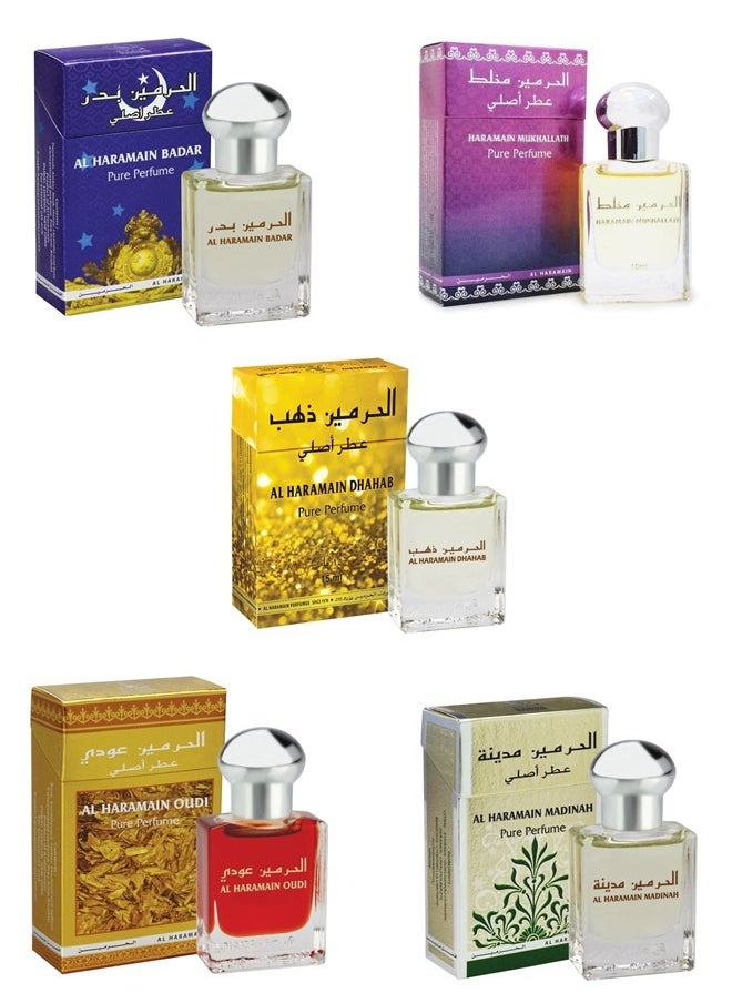 Set of 5 Haramain Pure Perfume Badar Dhahab Mukhallath Madinah 15ML Perfume Oil - Combo - Unisex