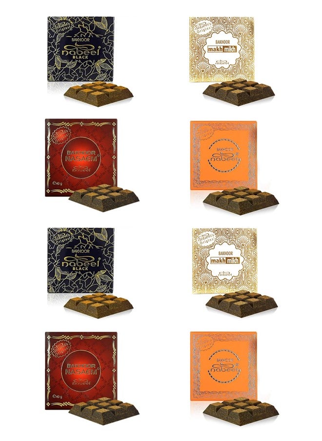 Pack of 8 Nabeel Ultimate Incense Bakhoor Collection Nasaem, Black, Makh Mikh and Touch Me