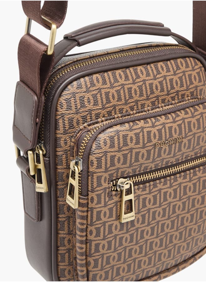 Mens Monogram Print Crossbody Bag With Zip Closure And Adjustable Strap