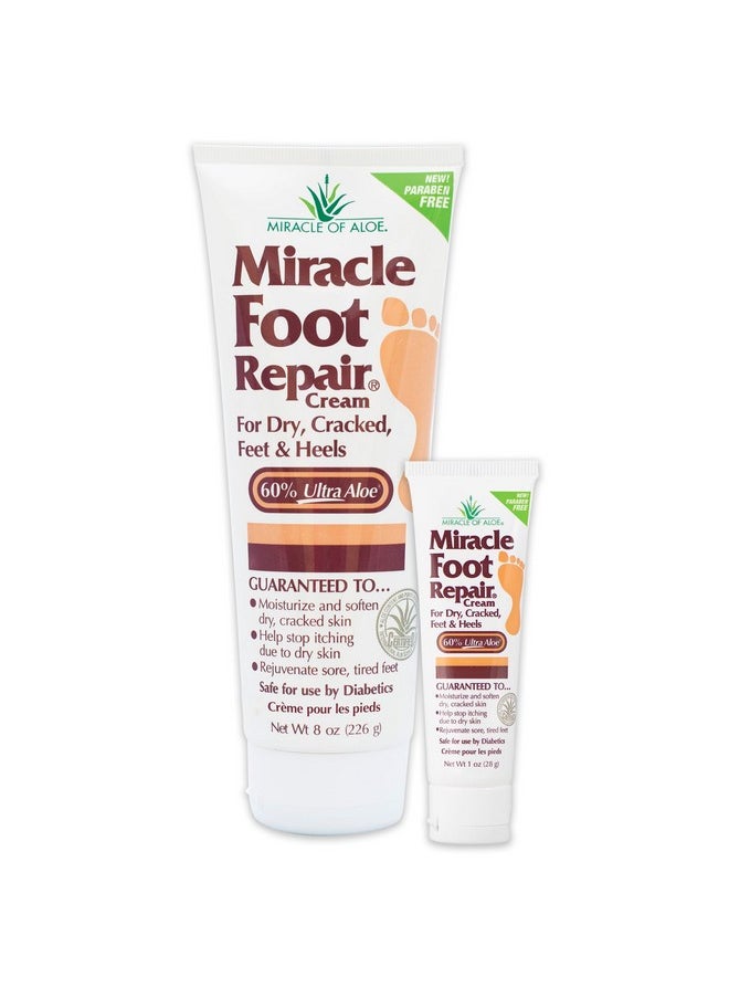 Miracle Foot Repair Cream (8 Oz & 1 Oz) Repairs Dry Cracked Heels And Feet, 60% Pure Ultraaloe Moisturizes, Softens, And Repairs