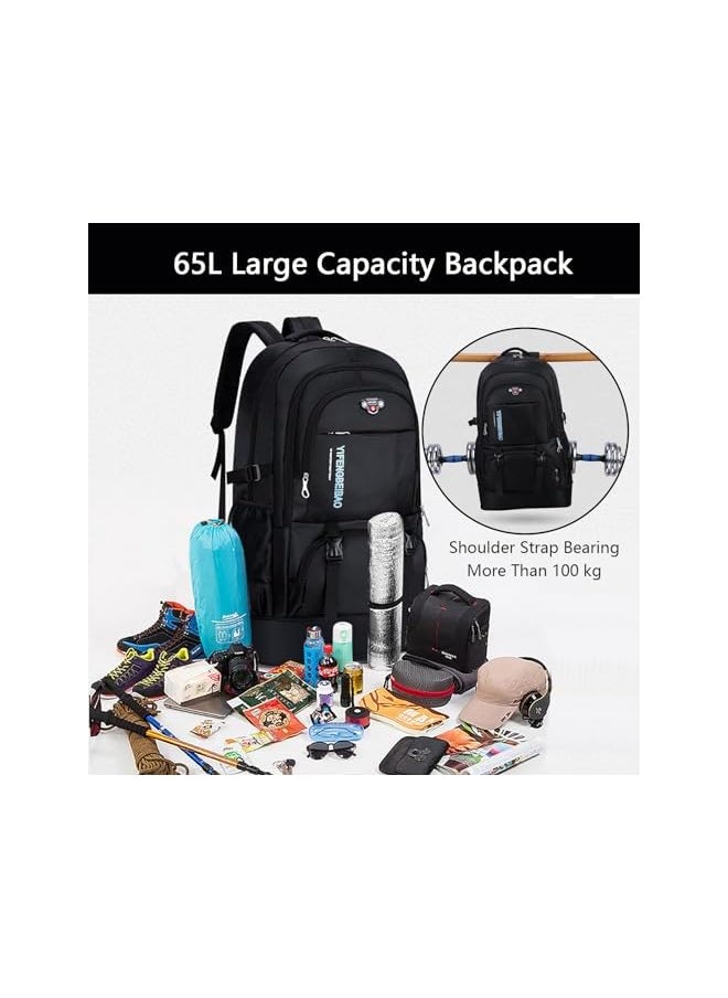 promass 65L Hiking Backpack Black, Expandable Travel Hiking Daypacks, Waterproof Large Camping Backpack for Men Women, Foldable Lightweight Outdoor Sport Backpacking Backpack for Climbing Touringr