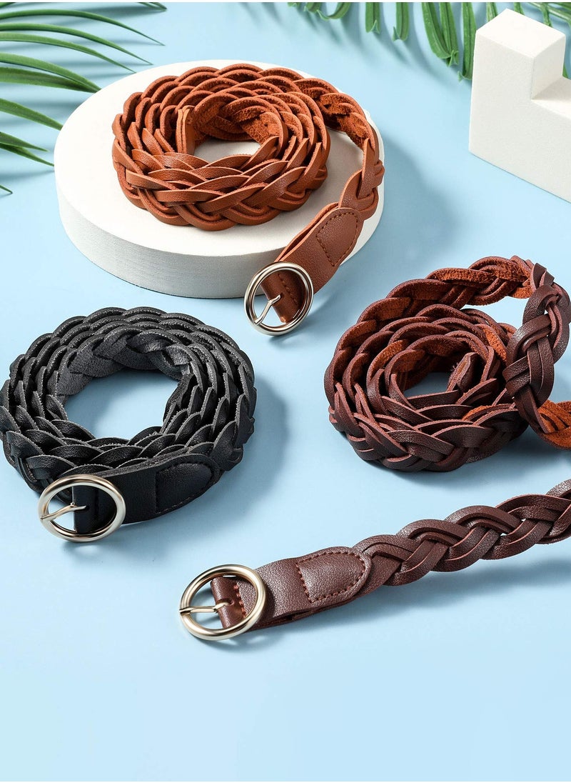 3 Pieces Women's Braided Leather Belt, O-Ring Buckle Stretch Waist with Metal Buckle Formal Dress Belt, for Dress, Jean, Skirt, Pant