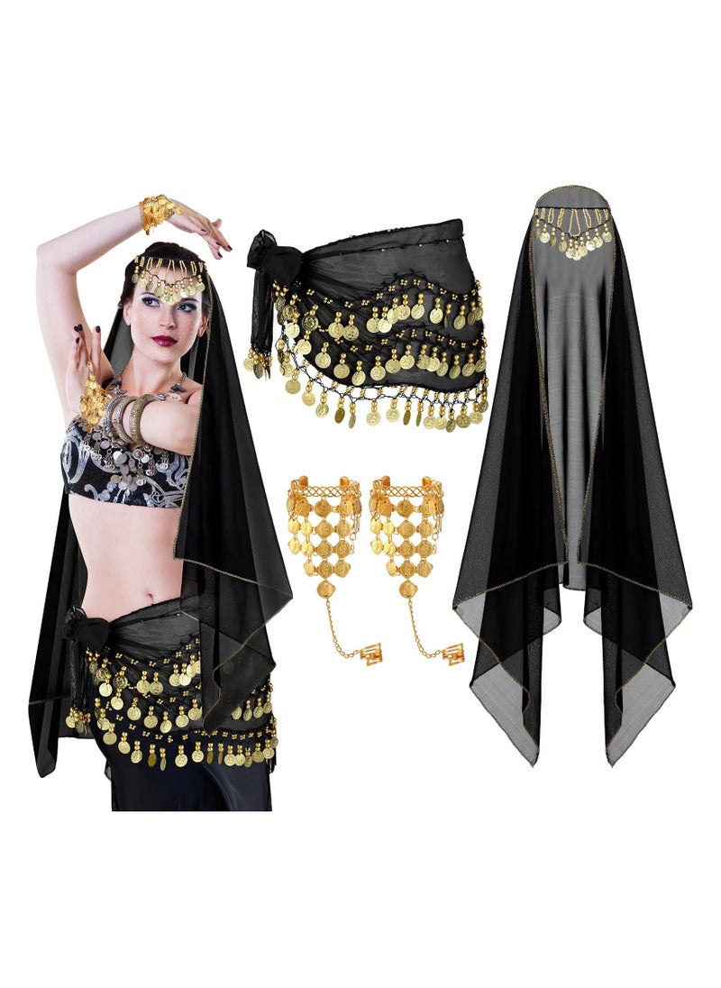 Belly Dance Accessories Gypsy Head Scarf with Coins Gypsy Hip Scarf and Triangle Coin Bracelet Set for Women