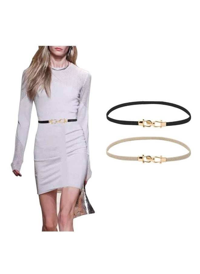 Belts for Women, Stretchy Skinny Waist Belt, Fashion Stretchy Waistband with Buckle Elastic Belt for Dresses Coat Jeans, 2 Pcs, Black and White