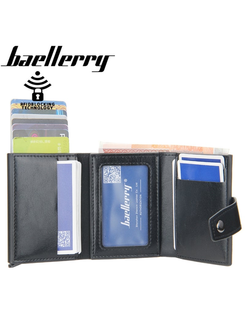 Leather Wallets for Men, Slim Minimalist Wallet Credit Card Holder Wallet Pop Up Design, RFID Blocking Metal Bank Card Case with Coins Pocket, ID Window, Hold up to 8 Cards, Button Lock, Black