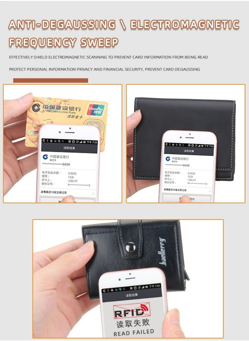 Leather Wallets for Men, Slim Minimalist Wallet Credit Card Holder Wallet Pop Up Design, RFID Blocking Metal Bank Card Case with Coins Pocket, ID Window, Hold up to 8 Cards, Button Lock, Black