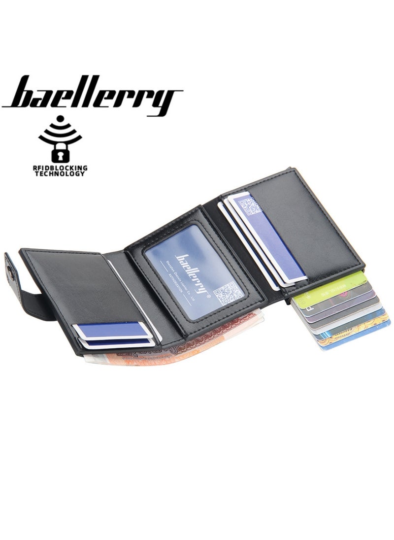 Leather Wallets for Men, Slim Minimalist Wallet Credit Card Holder Wallet Pop Up Design, RFID Blocking Metal Bank Card Case with Coins Pocket, ID Window, Hold up to 8 Cards, Button Lock, Black