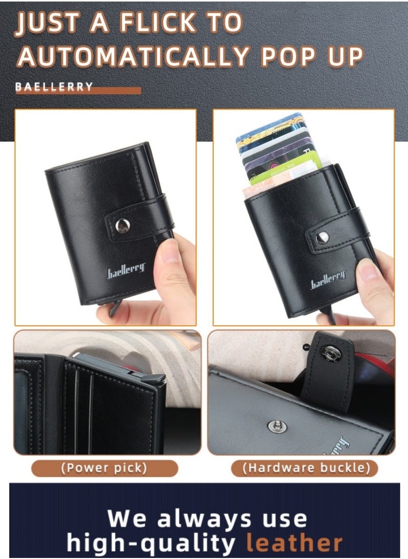 Leather Wallets for Men, Slim Minimalist Wallet Credit Card Holder Wallet Pop Up Design, RFID Blocking Metal Bank Card Case with Coins Pocket, ID Window, Hold up to 8 Cards, Button Lock, Black