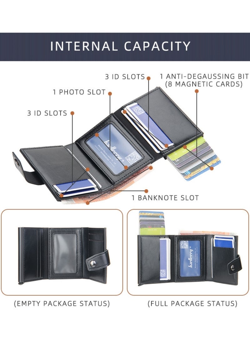 Leather Wallets for Men, Slim Minimalist Wallet Credit Card Holder Wallet Pop Up Design, RFID Blocking Metal Bank Card Case with Coins Pocket, ID Window, Hold up to 8 Cards, Button Lock, Black