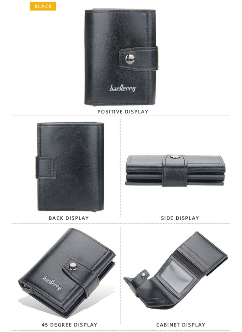 Leather Wallets for Men, Slim Minimalist Wallet Credit Card Holder Wallet Pop Up Design, RFID Blocking Metal Bank Card Case with Coins Pocket, ID Window, Hold up to 8 Cards, Button Lock, Black