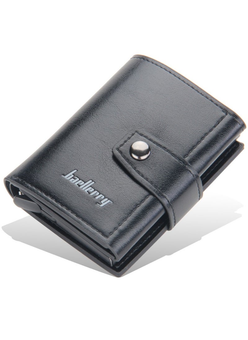 Leather Wallets for Men, Slim Minimalist Wallet Credit Card Holder Wallet Pop Up Design, RFID Blocking Metal Bank Card Case with Coins Pocket, ID Window, Hold up to 8 Cards, Button Lock, Black