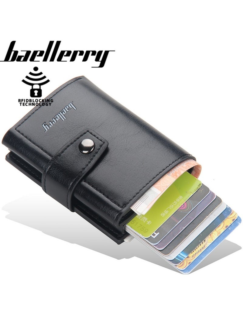 Leather Wallets for Men, Slim Minimalist Wallet Credit Card Holder Wallet Pop Up Design, RFID Blocking Metal Bank Card Case with Coins Pocket, ID Window, Hold up to 8 Cards, Button Lock, Black