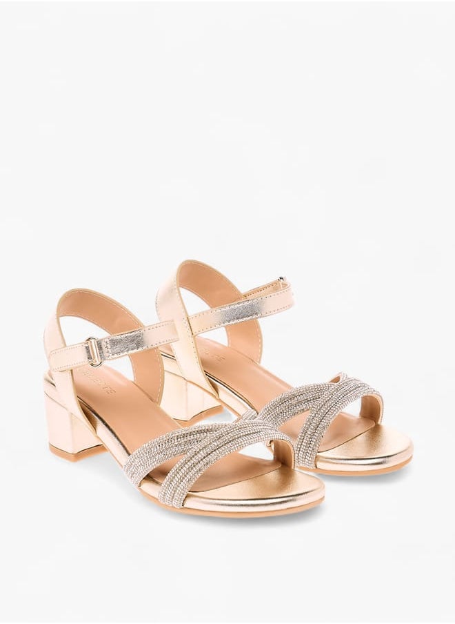 Girls Embellished Block Heeled Sandals With Hook And Loop Closure Ramadan Collection