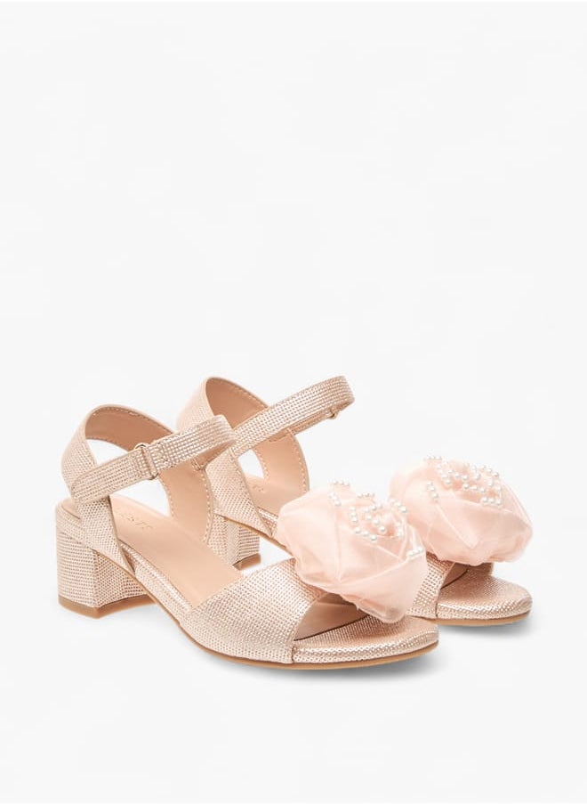 Girls Floral Applique Block Heel Sandals With Hook And Loop Closure Ramadan Collection