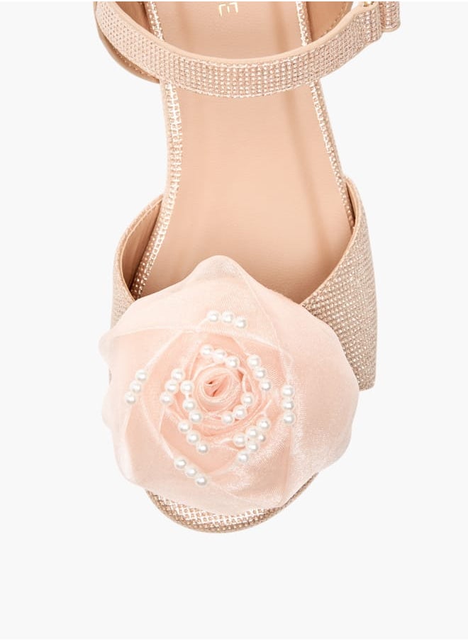 Girls Floral Applique Block Heel Sandals With Hook And Loop Closure Ramadan Collection