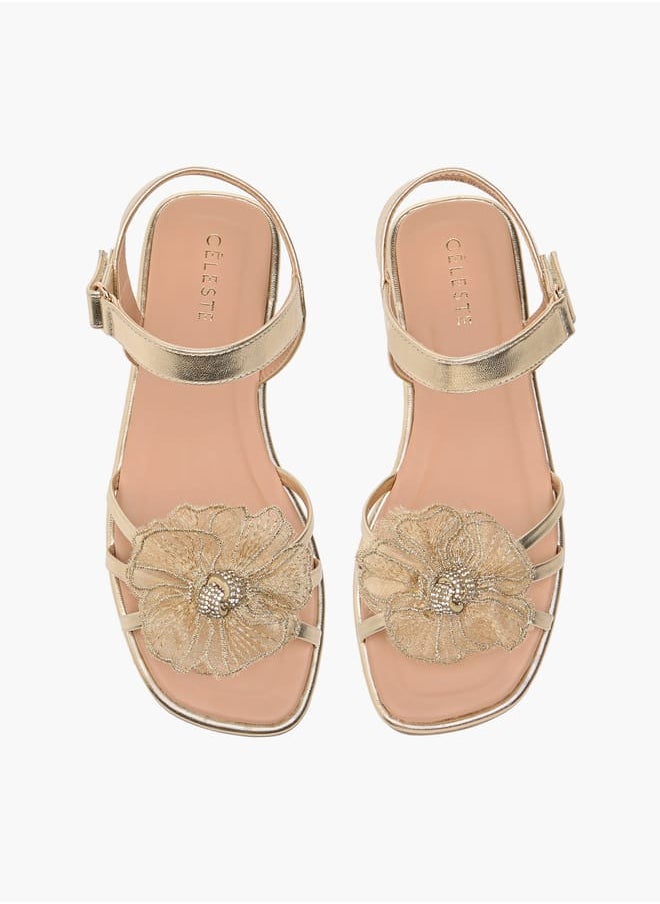 Girls' Flower Applique Sandals with Hook and Loop Closure Ramadan Collection