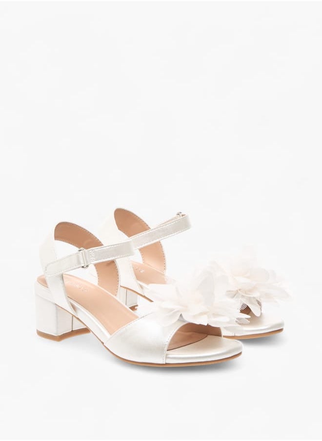 Girls Floral Applique Block Heel Sandals With Hook And Loop Closure Ramadan Collection