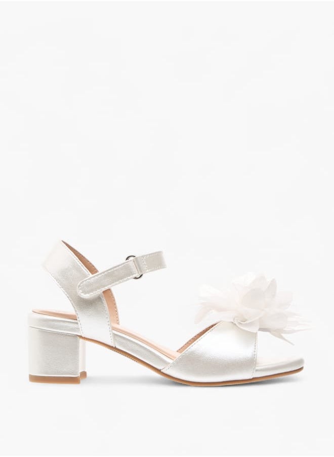 Girls Floral Applique Block Heel Sandals With Hook And Loop Closure Ramadan Collection