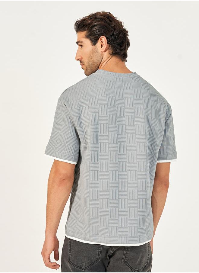 Checkered Quilted Textured Oversized T-Shirt with Contrast Detail