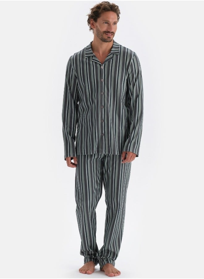 Striped Shirt & Trousers Pajama Set Spread Collar Modal Mid Rise Sleepwear