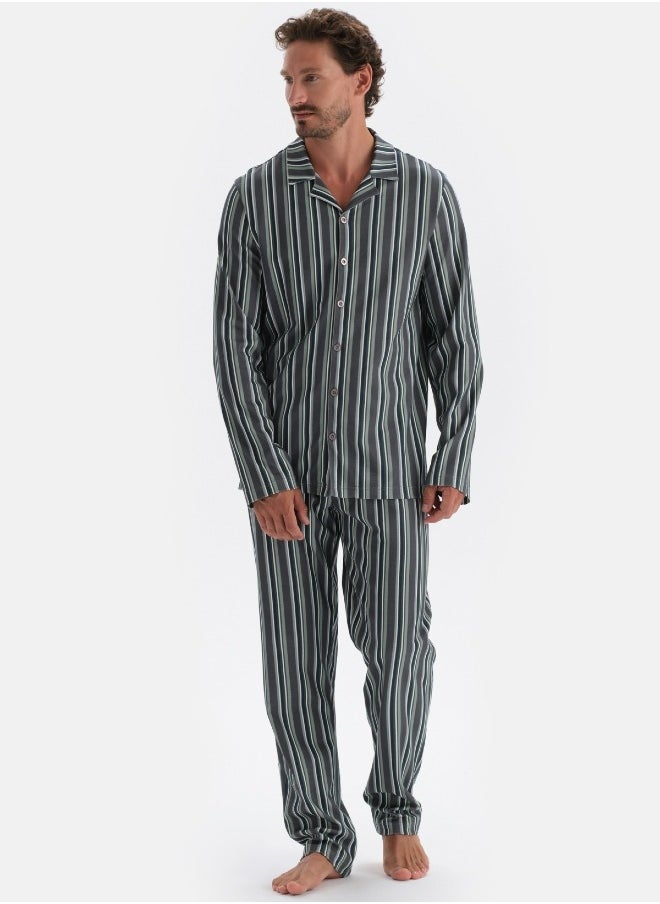 Striped Shirt & Trousers Pajama Set Spread Collar Modal Mid Rise Sleepwear