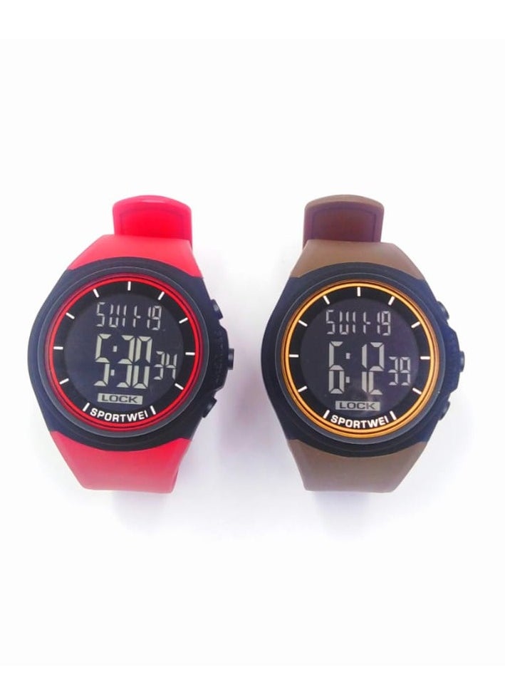 Digital Sports Watch, LCD Display, Silicone Band, Red and Brown, 2-Pack