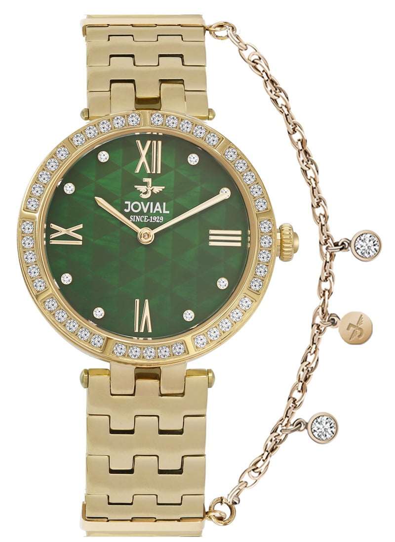 JOVIAL 9179LGMQ09ZE Women's Stainless Steel Band Watch, 34mm, Green Dial