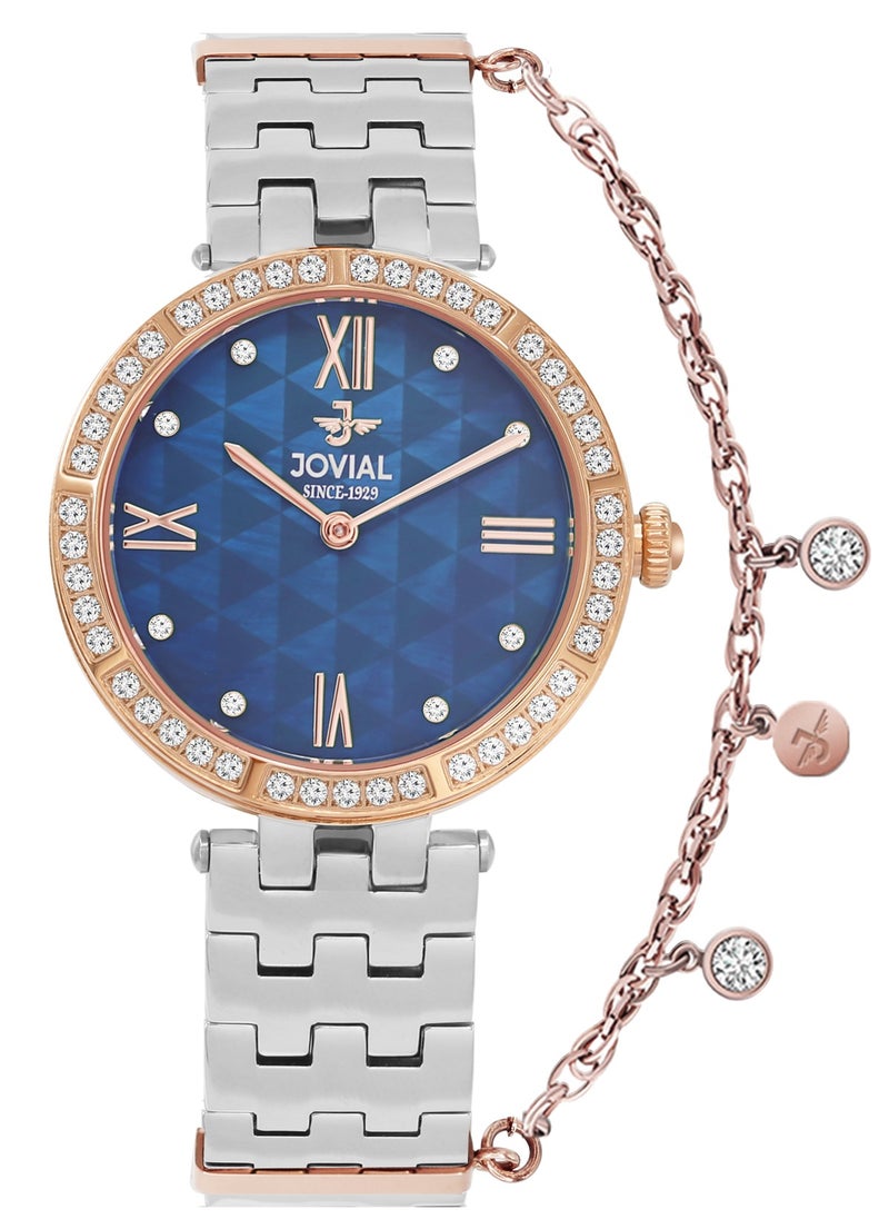 JOVIAL 9179LAMQ04ZE Women's Stainless Steel Band Watch, 34mm, Blue Dial